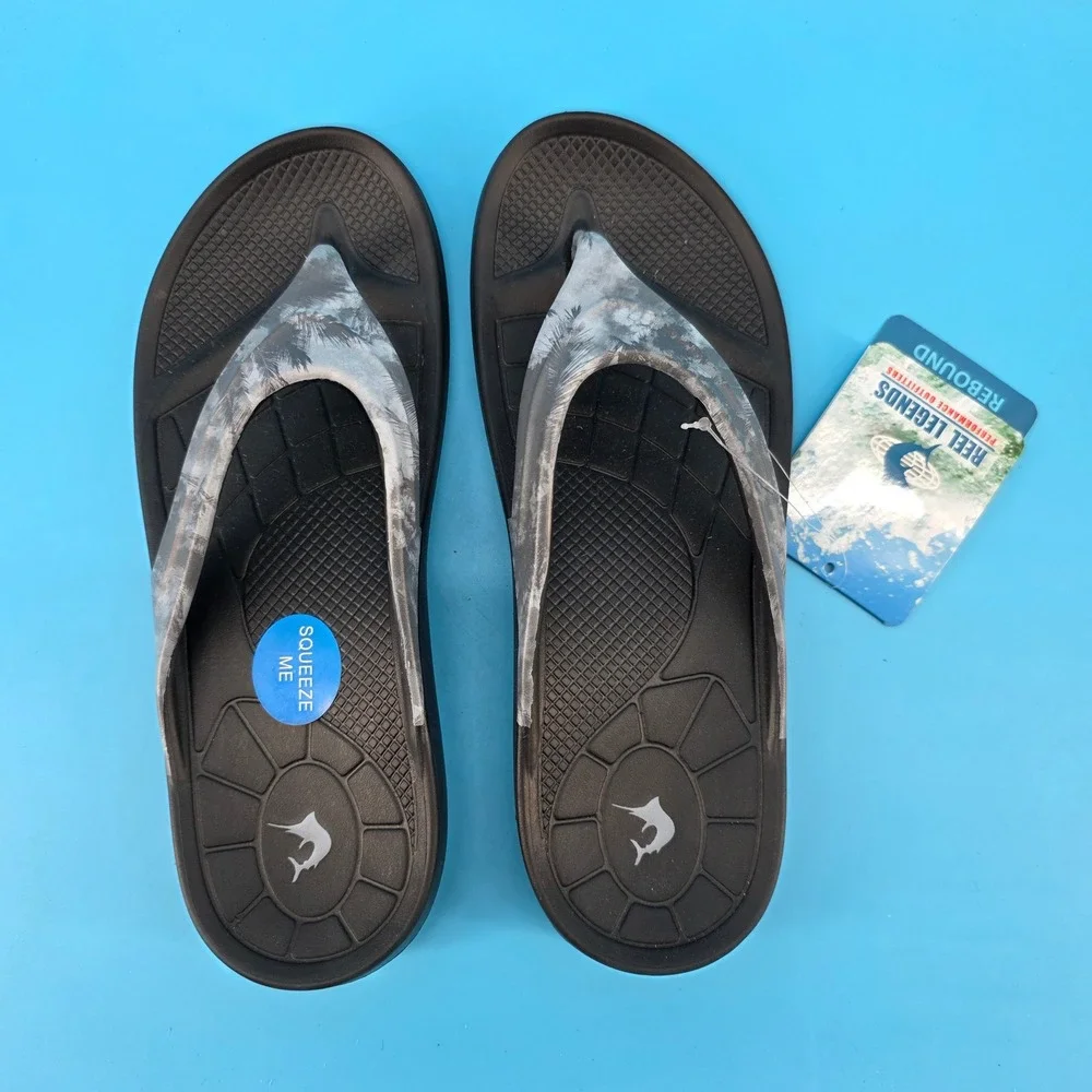 Reel Legends Unisex Flip Flop Sandals Black Smoked Pearl Palm Leaf Size 9 NEW